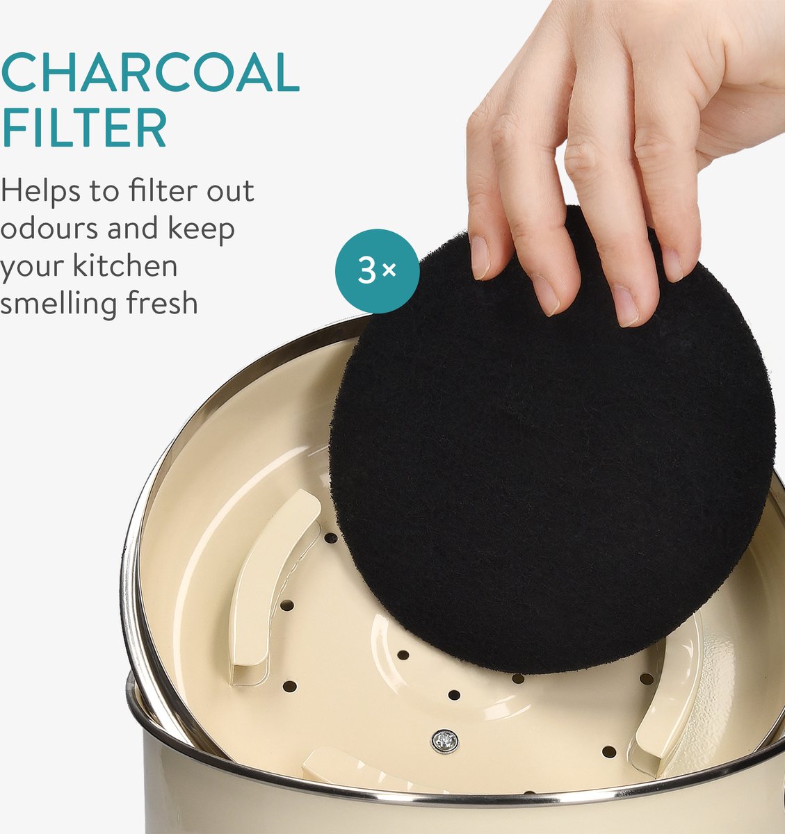 Navaris Metalen Compostbak 3L - Afvalbakje Met 3x Filter Tegen Vieze Geuren - Prullenbak Met Deksel Voor Gft-afval - Compostemmer Keuken - Crème