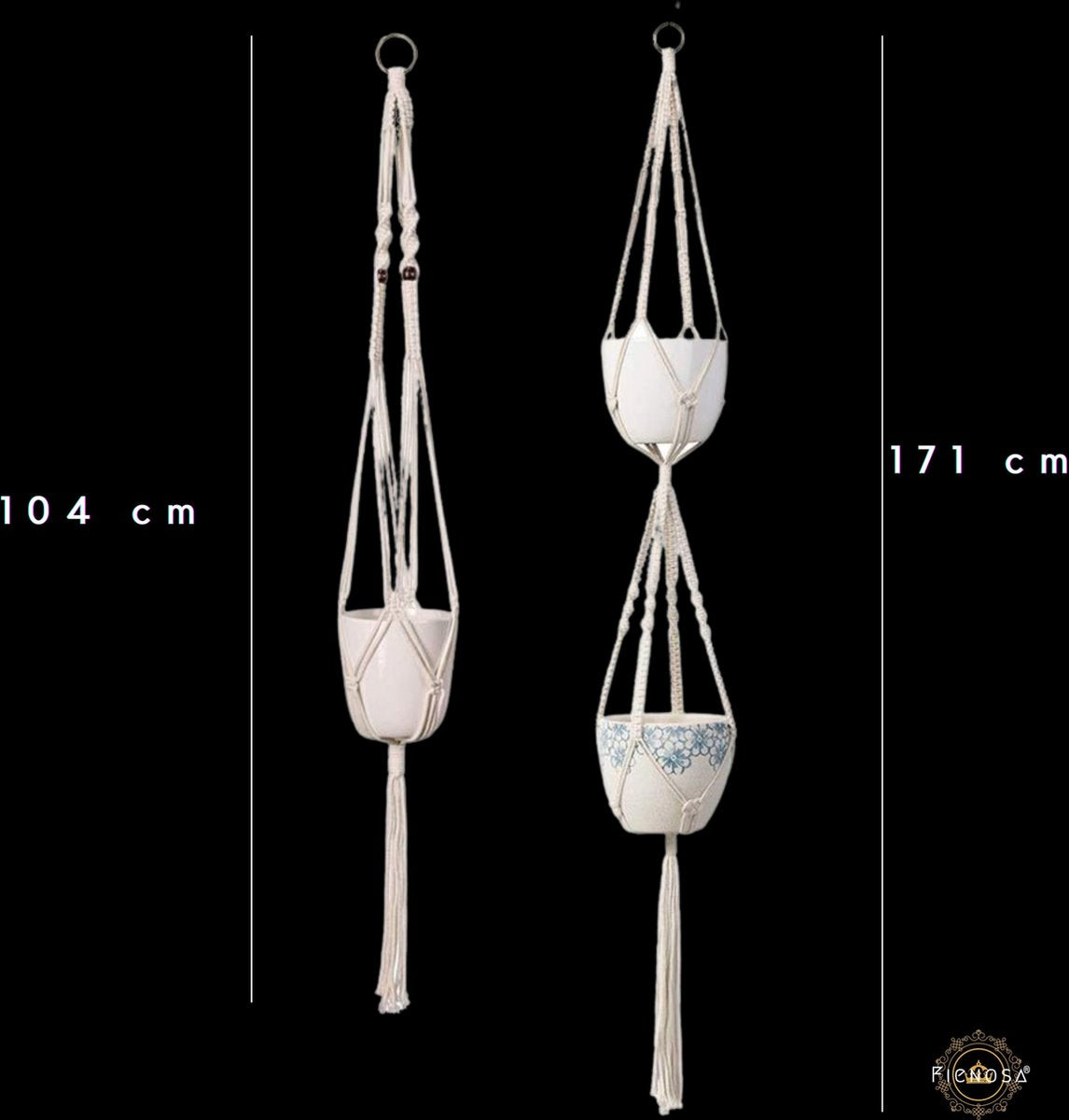 Plantenhanger Macrame Set Van 2 - Plantenhanger Met Ruimte Voor 3 Potten - Luxe Gevlochten Touw 100% Katoen - Duurzaam - Plantenbakken - Bloempotten - Macramé Stijl Hanger Voor Bloempotten - Hangpot - Fienosa