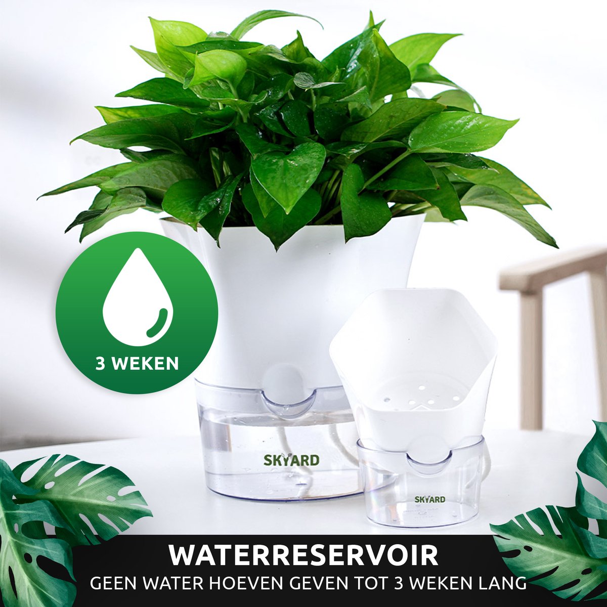 SKYARD® 3 Stuks Zelfwaterende Bloempot Maat M – Milieuvriendelijk Watergeefsysteem Kamerplanten – Zelfwatergevende Pot – Bloempot Met Waterreservoir – Selfwatering Pot – Wit