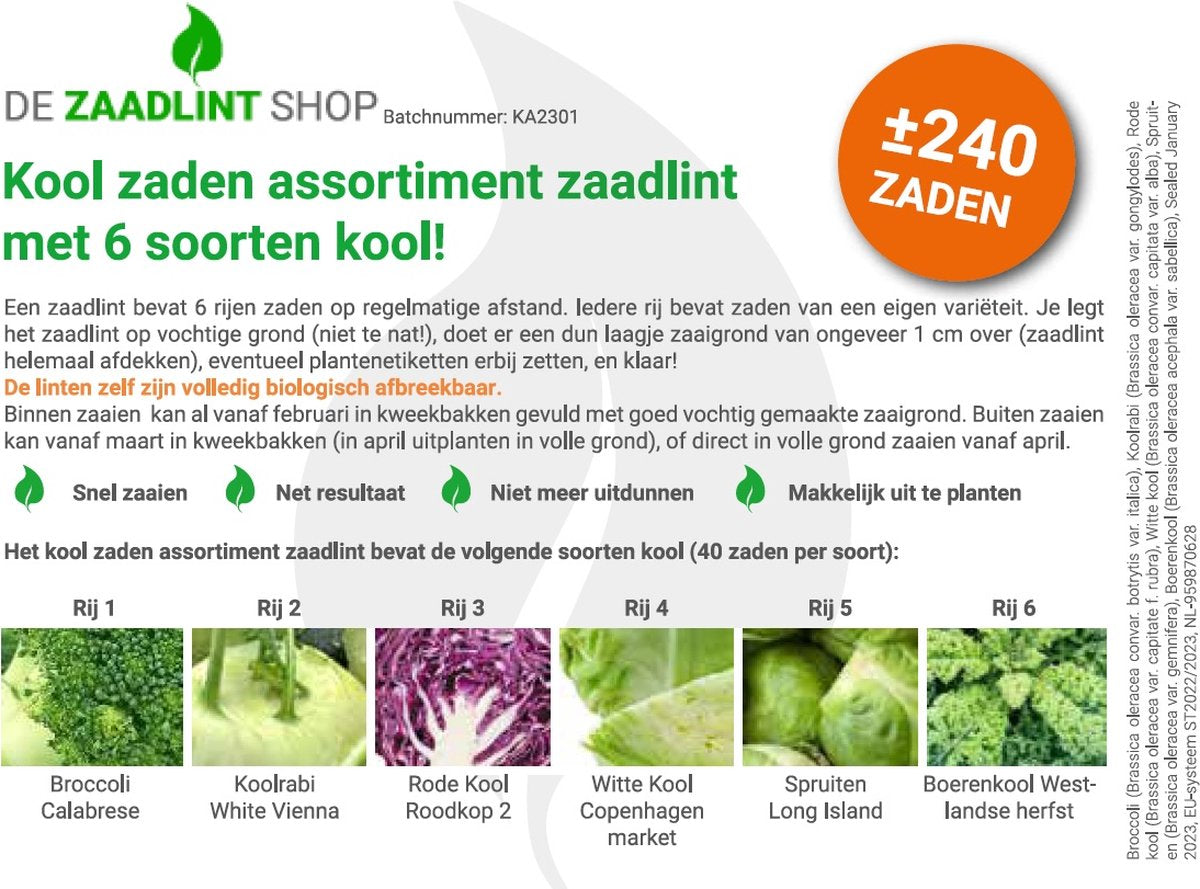 Kool Zaden Assortiment Zaadlint (broccoli Zaden, Koolrabi Zaden, Rode Kool Zaden, Witte Kool Zaden, Spruiten Zaden, Boerenkool Zaden)