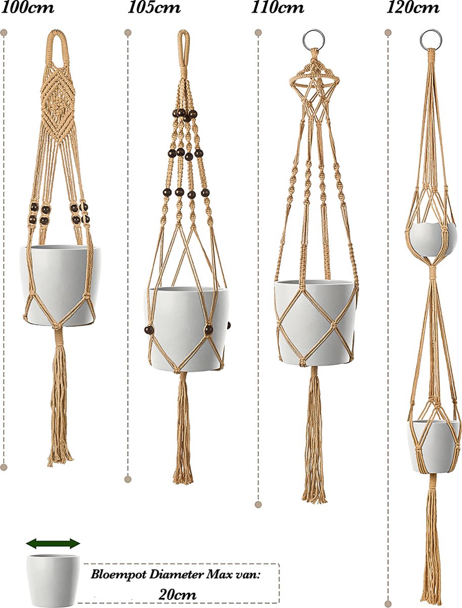 4 Stuks Luxe Jute Plantenhangers - Boho Handgeweven Katoen Hangpot Voor Binnen/Buiten - Hangende Bloempot Met Kralen - Macramé Touw/Koord Hangplant Houder - Bohemian Wandhanger Decoratie - Plant Hanger - Verticale Tuin Bloempothouder Planthanger