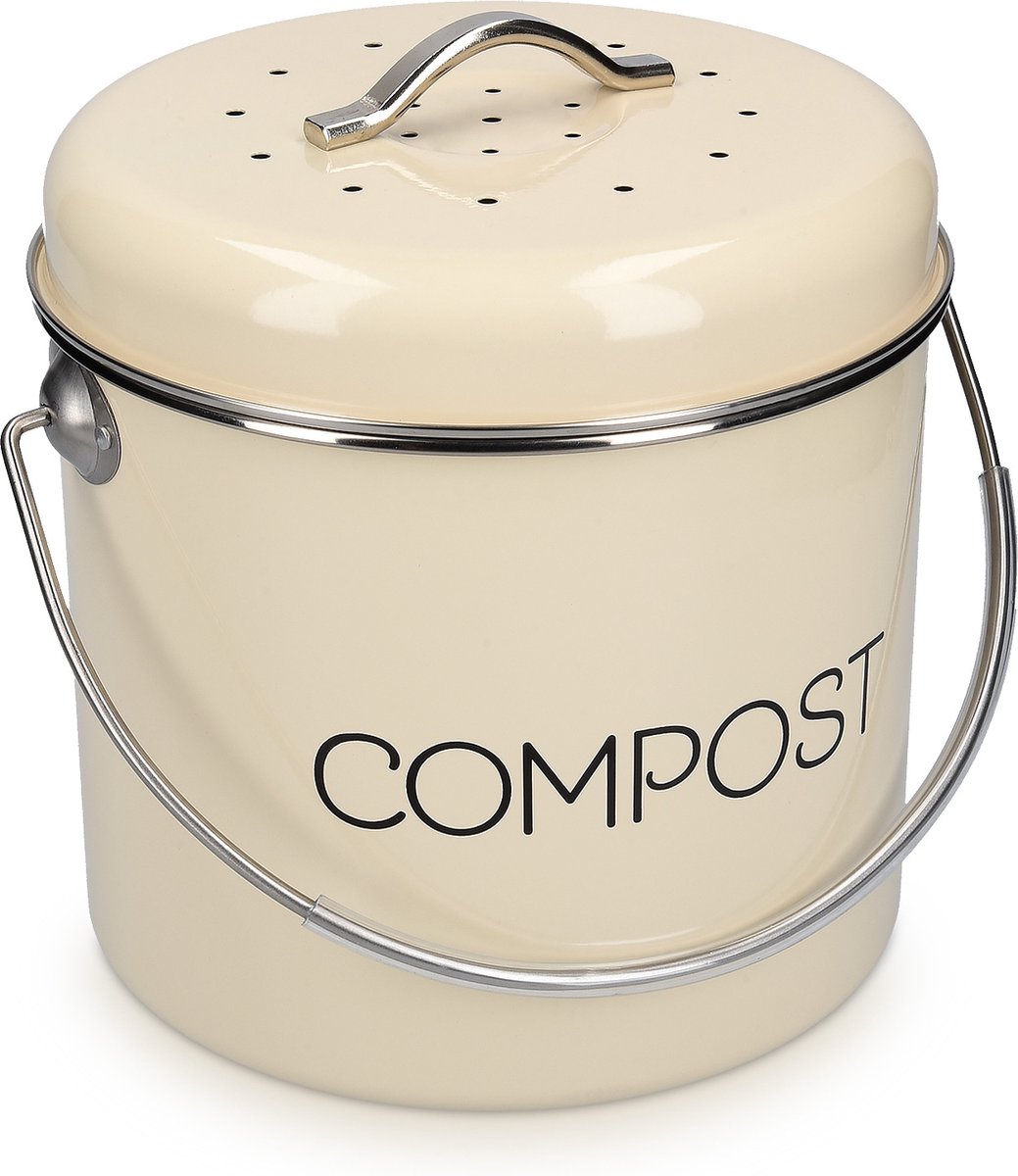  Navaris Metalen Compostbak 3L - Afvalbakje Met 3x Filter Tegen Vieze Geuren - Prullenbak Met Deksel Voor Gft-afval - Compostemmer Keuken - Crème