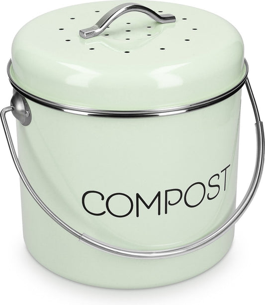  Navaris Metalen Compostbak 3L - Afvalbakje Met 3x Filter Tegen Vieze Geuren - Prullenbak Met Deksel Voor Gft-afval - Compostemmer Keuken - Mintgroen