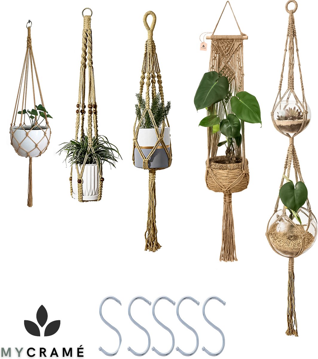  5 Stuks Luxe Jute Plantenhangers - Boho Handgeweven Katoen Hangpot Voor Binnen/Buiten - Hangende Bloempot Met Kralen - Macramé Touw/Koord Hangplant Houder - Bohemian Wandhanger Decoratie - Plant Hanger - Verticale Tuin Bloempothouder Planthanger