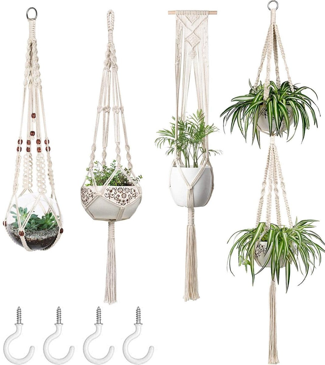  4 Stuks Plantenhangers - Boho Handgeweven Katoen Hangpot Voor Binnen/Buiten - Bloempot Met Kralen - Macramé Touw/Koord Hangplant Houder - Bohemian Wandhanger Decoratie - Verticale Tuin Plant Hanger Bloempothouder Planthanger Wit