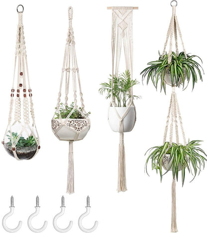  4 Stuks Plantenhangers - Boho Handgeweven Katoen Hangpot Voor Binnen/Buiten - Bloempot Met Kralen - Macramé Touw/Koord Hangplant Houder - Bohemian Wandhanger Decoratie - Verticale Tuin Plant Hanger Bloempothouder Planthanger Wit