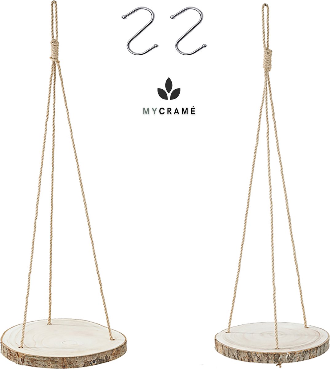  Set Van 2 Boomstam Rond Wandrek Plantenhangers - Boho Jute Houten Plantenrek - Hangpot Voor Binnen/Buiten - Hangende Bloempot Plank - Hangplant Houder - Bohemian Macrame Stijl Wandhanger - Hangplank Plant Hanger - Planthanger - Ø Rond 25-20cm