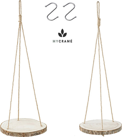  Set Van 2 Boomstam Rond Wandrek Plantenhangers - Boho Jute Houten Plantenrek - Hangpot Voor Binnen/Buiten - Hangende Bloempot Plank - Hangplant Houder - Bohemian Macrame Stijl Wandhanger - Hangplank Plant Hanger - Planthanger - Ø Rond 25-20cm