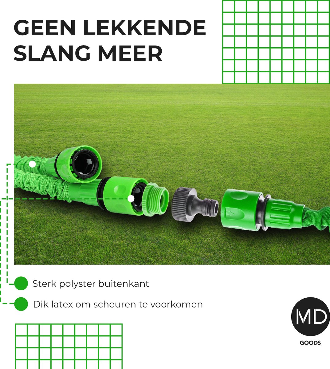  Uitrekbare Tuinslang Tot 15 Meter Van MD-goods ® - Tuinsproeier - Tuin Besproeien - Waterslang - Sproeikop - Groen - Flexibel Elastisch