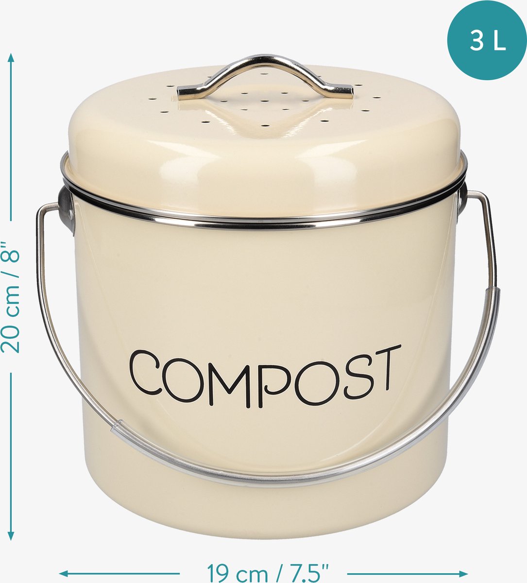  Navaris Metalen Compostbak 3L - Afvalbakje Met 3x Filter Tegen Vieze Geuren - Prullenbak Met Deksel Voor Gft-afval - Compostemmer Keuken - Crème