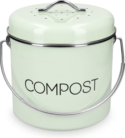  Navaris Metalen Compostbak 3L - Afvalbakje Met 3x Filter Tegen Vieze Geuren - Prullenbak Met Deksel Voor Gft-afval - Compostemmer Keuken - Mintgroen