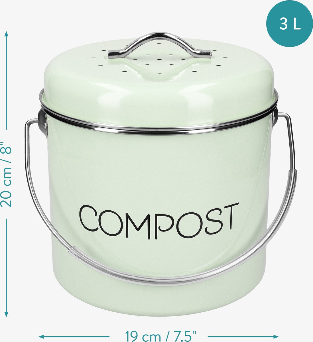 Navaris Metalen Compostbak 3L - Afvalbakje Met 3x Filter Tegen Vieze Geuren - Prullenbak Met Deksel Voor Gft-afval - Compostemmer Keuken - Mintgroen