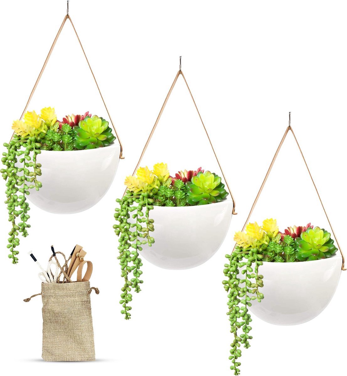  Plantenhanger Keramiek – Set Van 3 – Wit Steen- Hangpot – Hangende Bloempot Plantenpot - 3 Verschillende Koorden - 18 X 11 X 7 Cm