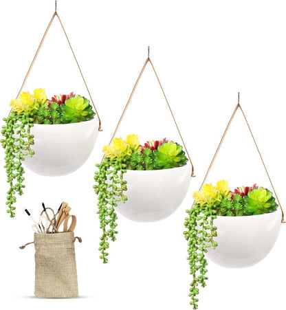  Plantenhanger Keramiek – Set Van 3 – Wit Steen- Hangpot – Hangende Bloempot Plantenpot - 3 Verschillende Koorden - 18 X 11 X 7 Cm