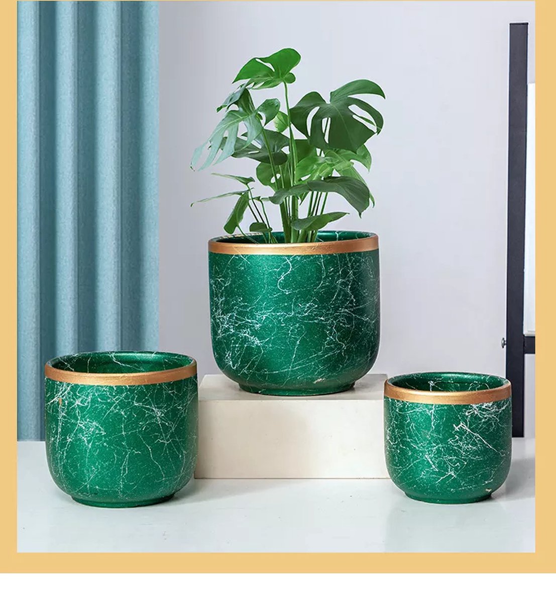  Bloempotten Binnen - Keramiek - Gouden Rand - Bloempot Buiten - Afvoergat 24 Cm - Groen – Groot