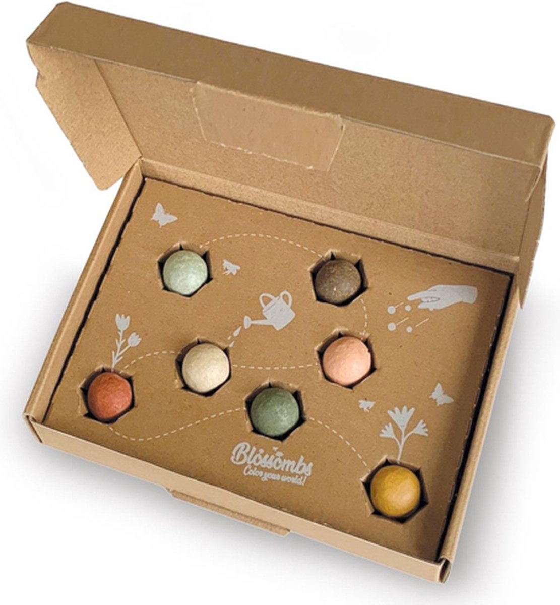  Blossombs Giftbox Small - 7 Blossombs - Bloembommetjes - Zaadbommetjes - Vlinders - Bijen - Biologisch - Ecologisch - Verjaardag - Communie - Doopsuiker - Valentijn