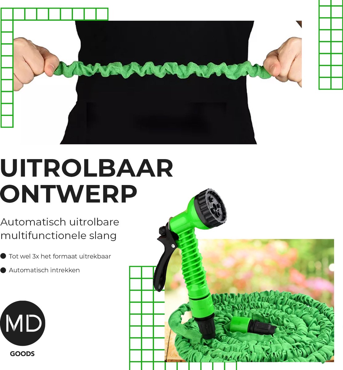  Uitrekbare Tuinslang Tot 15 Meter Van MD-goods ® - Tuinsproeier - Tuin Besproeien - Waterslang - Sproeikop - Groen - Flexibel Elastisch
