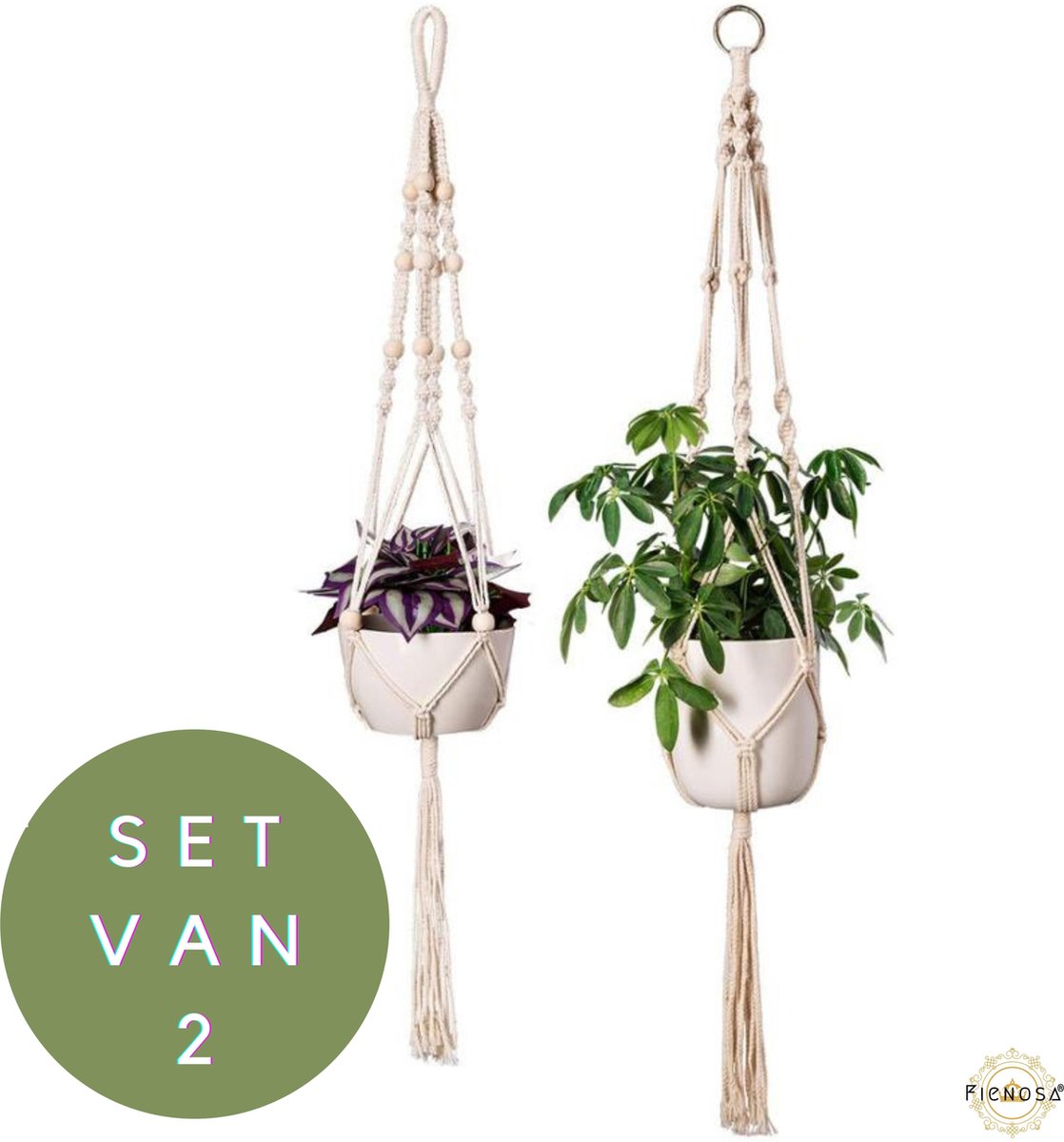  Plantenhanger - Plantenhanger Macrame - Set Van 2 - Wit - Knopen - Luxe Gevlochten Touw - Met Ophang Haken - Fienosa