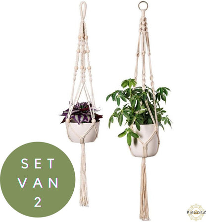  Plantenhanger - Plantenhanger Macrame - Set Van 2 - Wit - Knopen - Luxe Gevlochten Touw - Met Ophang Haken - Fienosa