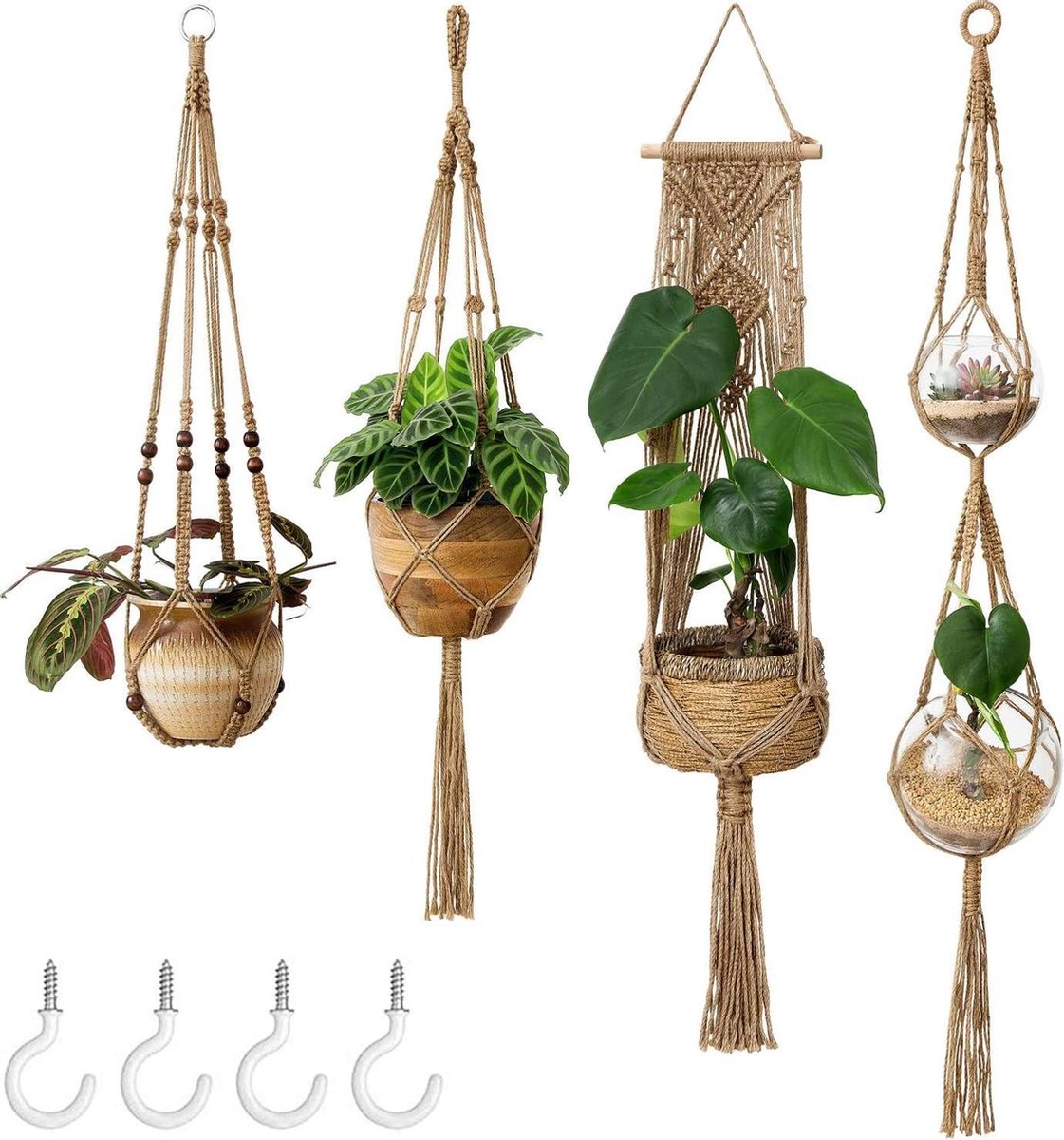  4 Stuks Plantenhangers - Boho Handgeweven Katoen Hangpot Voor Binnen/Buiten - Bloempot Met Kralen - Macramé Touw/Koord Hangplant Houder - Bohemian Wandhanger Decoratie - Verticale Tuin Plant Hanger Bloempothouder Planthanger