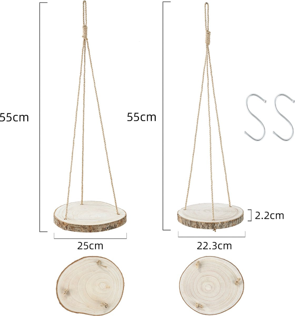  Set Van 2 Boomstam Rond Wandrek Plantenhangers - Boho Jute Houten Plantenrek - Hangpot Voor Binnen/Buiten - Hangende Bloempot Plank - Hangplant Houder - Bohemian Macrame Stijl Wandhanger - Hangplank Plant Hanger - Planthanger - Ø Rond 25-20cm