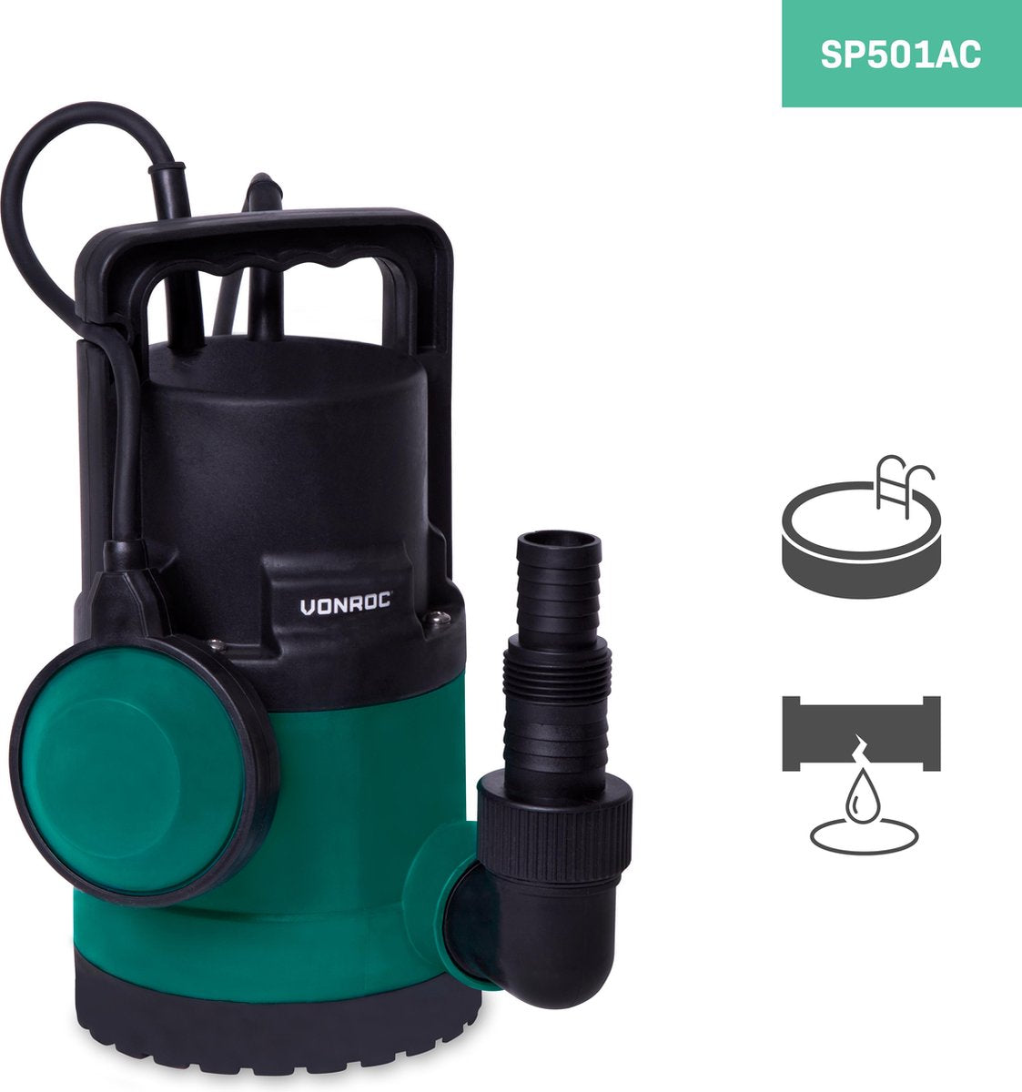  VONROC Dompelpomp/Waterpomp 300W - 6500l/h - Voor Schoon En Licht Vervuild Water - Met Vlotter