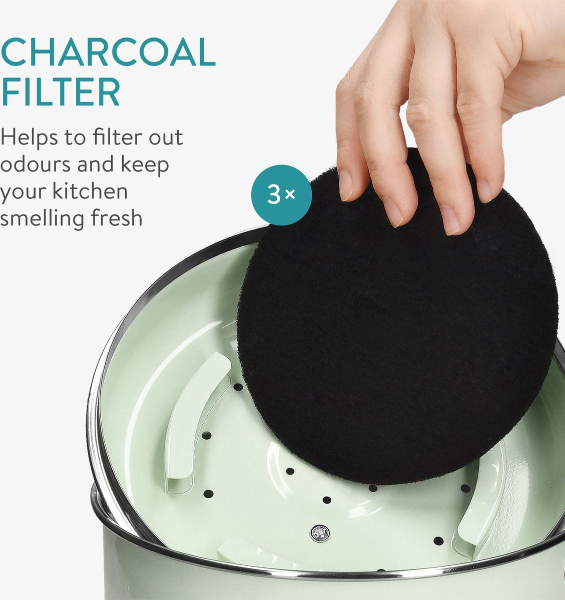  Navaris Metalen Compostbak 3L - Afvalbakje Met 3x Filter Tegen Vieze Geuren - Prullenbak Met Deksel Voor Gft-afval - Compostemmer Keuken - Mintgroen