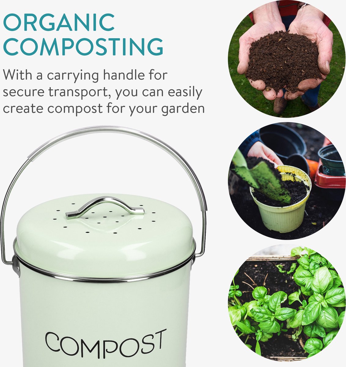  Navaris Metalen Compostbak 3L - Afvalbakje Met 3x Filter Tegen Vieze Geuren - Prullenbak Met Deksel Voor Gft-afval - Compostemmer Keuken - Mintgroen