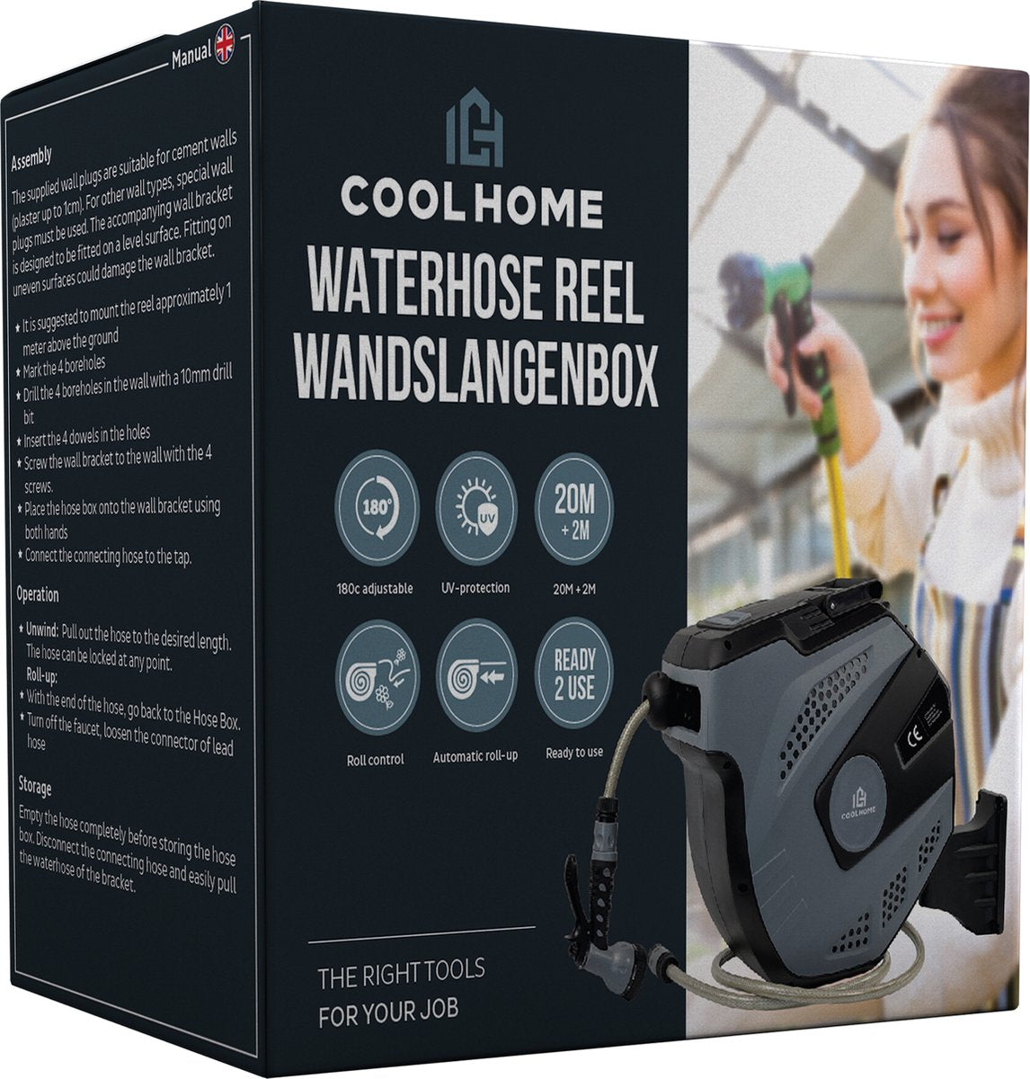  CoolHome - Wandslangenbox 20 Meter + 2 Meter - Tuinslang Met Haspel- Slangenhouder 180° Draaibaar - Tuinslanghaspel Zwart - Grijs