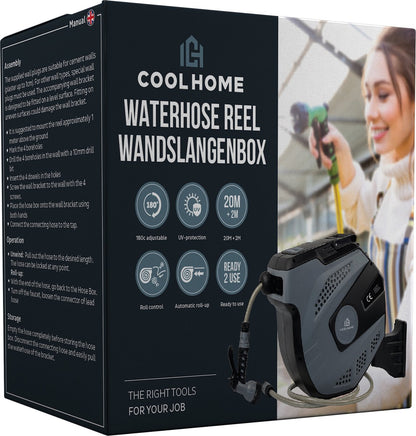  CoolHome - Wandslangenbox 20 Meter + 2 Meter - Tuinslang Met Haspel- Slangenhouder 180° Draaibaar - Tuinslanghaspel Zwart - Grijs