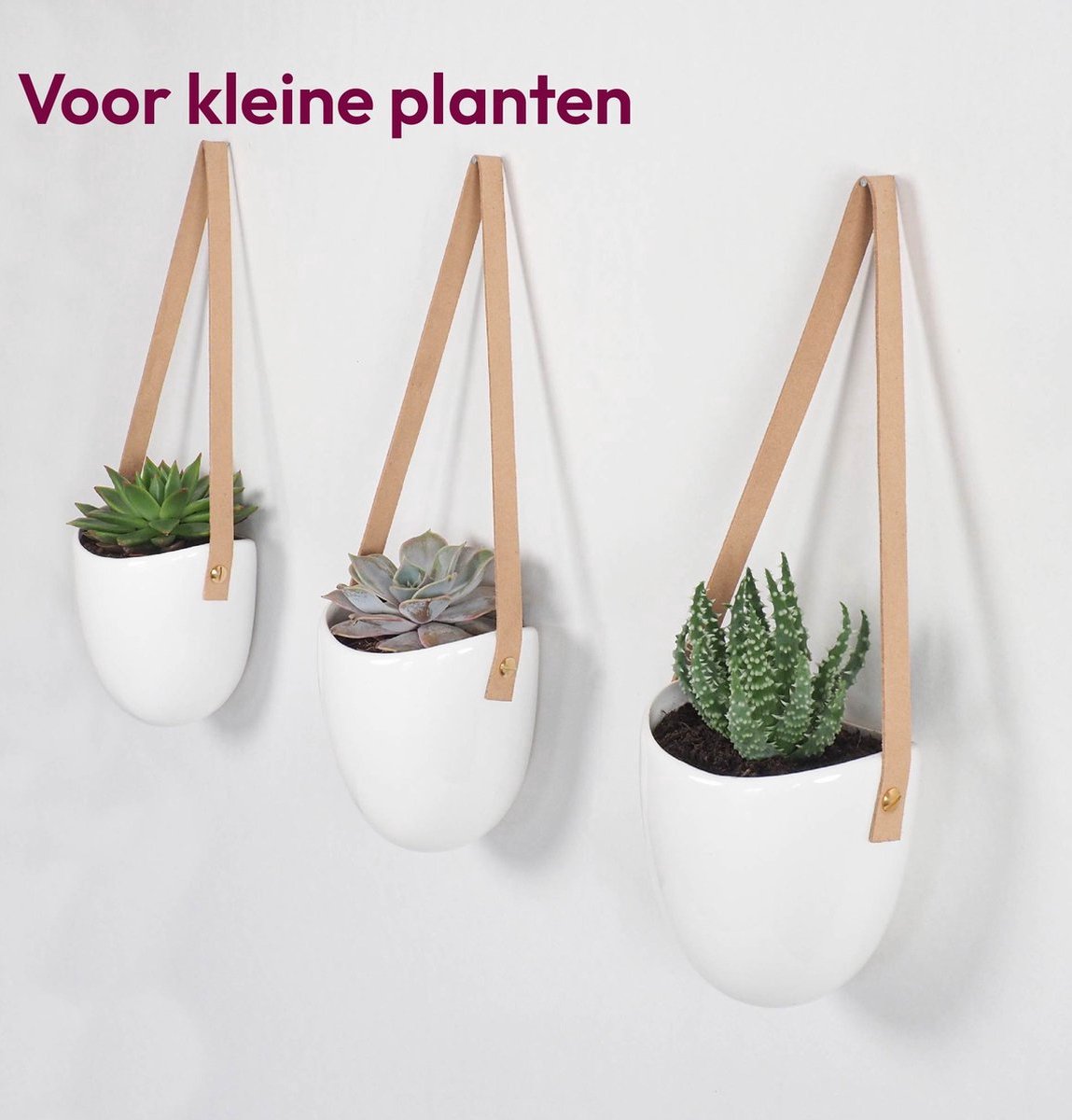  Gadgy Plantenhanger Keramiek - Set Van 3 - Hangpot Van Wit Steen - Hangende Bloempot Plantenpot - Met 3 Verschillende Koorden - 12x11x9.5CM