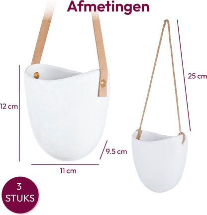  Gadgy Plantenhanger Keramiek - Set Van 3 - Hangpot Van Wit Steen - Hangende Bloempot Plantenpot - Met 3 Verschillende Koorden - 12x11x9.5CM