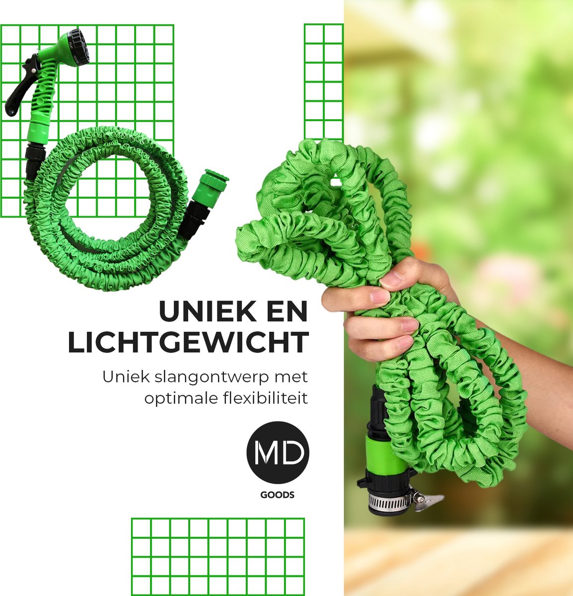  Uitrekbare Tuinslang Tot 15 Meter Van MD-goods ® - Tuinsproeier - Tuin Besproeien - Waterslang - Sproeikop - Groen - Flexibel Elastisch