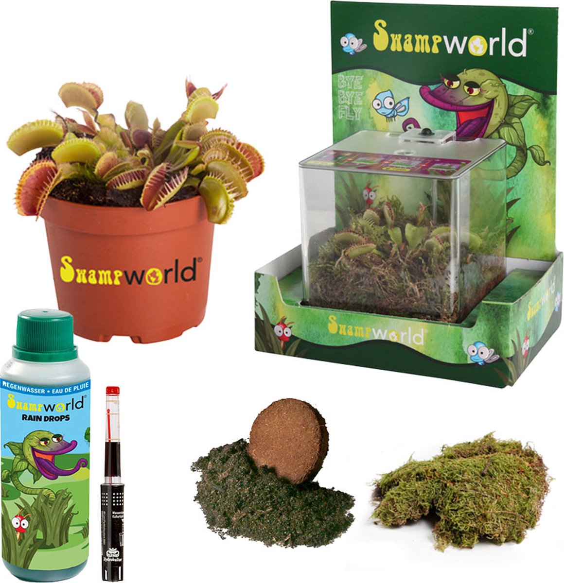  Swampworld Mini Terrarium Met LED Lamp - Vleesetende Plant - 1 Venus Vliegenvanger + Handige Watermeter - L12xB12xH15 Cm