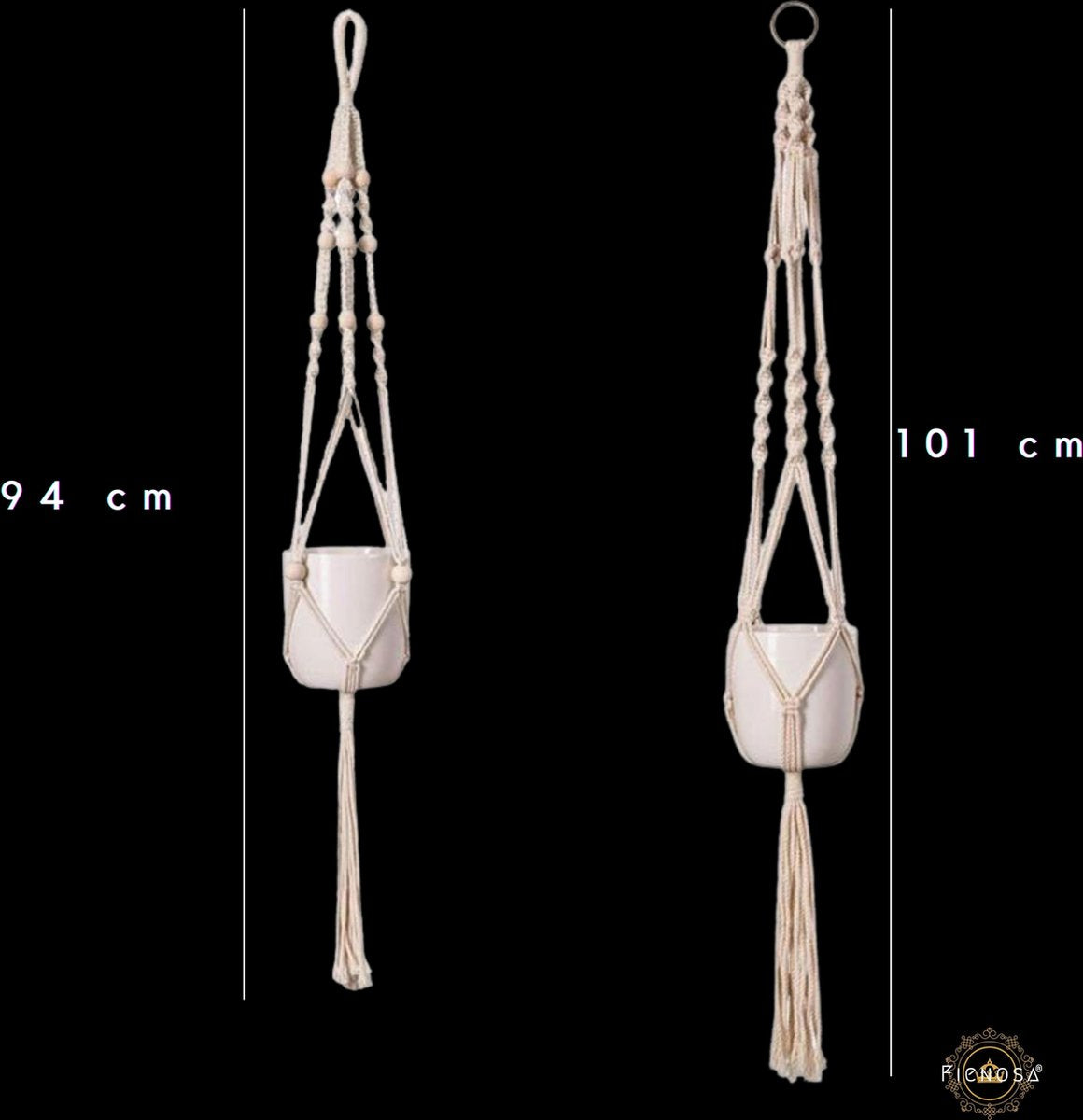  Plantenhanger - Plantenhanger Macrame - Set Van 2 - Wit - Knopen - Luxe Gevlochten Touw - Met Ophang Haken - Fienosa