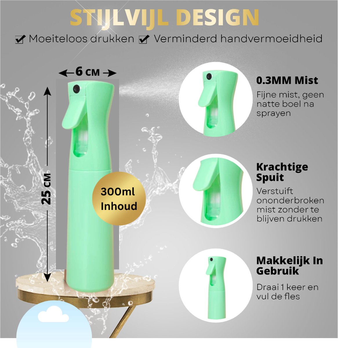 Merkloos BeautyFit - Mist Sprayer Groen - Mist Verstuiver Water- Haarspuit Kapper - Waterspray - Waterverstuiver Haar - Spuitfles Haar - Plantenspuit - 300 Ml