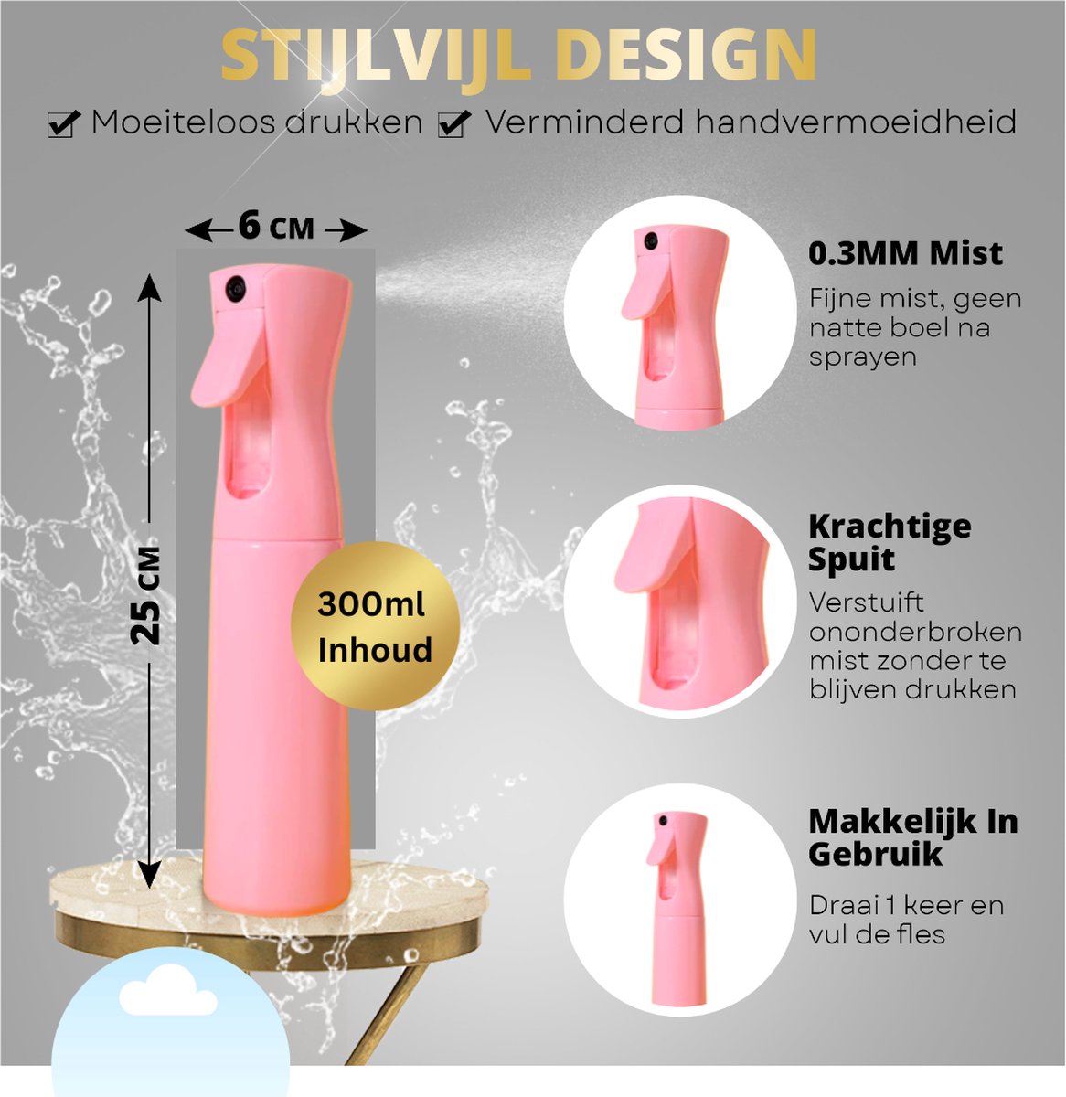 Merkloos Multifunctioneel Mist Sprayer Roze - Mist Verstuiver Water - Waterspray - Waterverstuiver Haar - Mist Sprayer - Spuitfles Haar - Plantenspuit - 300 Ml