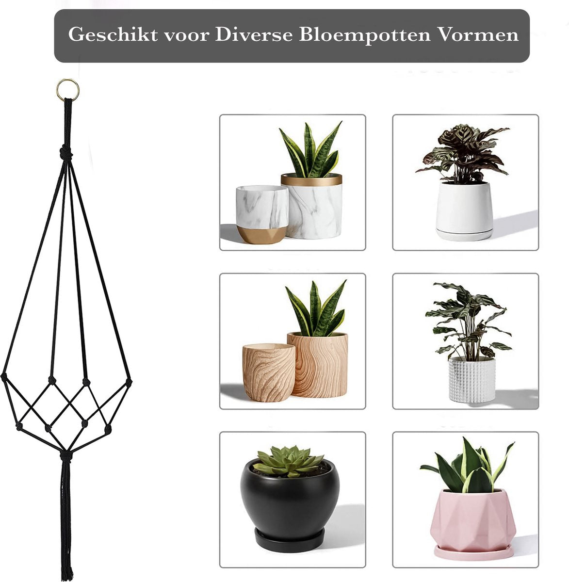 9 Stuks Zwart Macrame Plantenhangers - Boho Handgeweven Katoen Hangpot Voor Binnen/Buiten - Hangende Bloempot Met Kralen - Macramé Touw/Koord Hangplant Houder - Bohemian Wandhanger Decoratie - Plant Hanger - Verticale Tuin Bloempothouder Planthanger