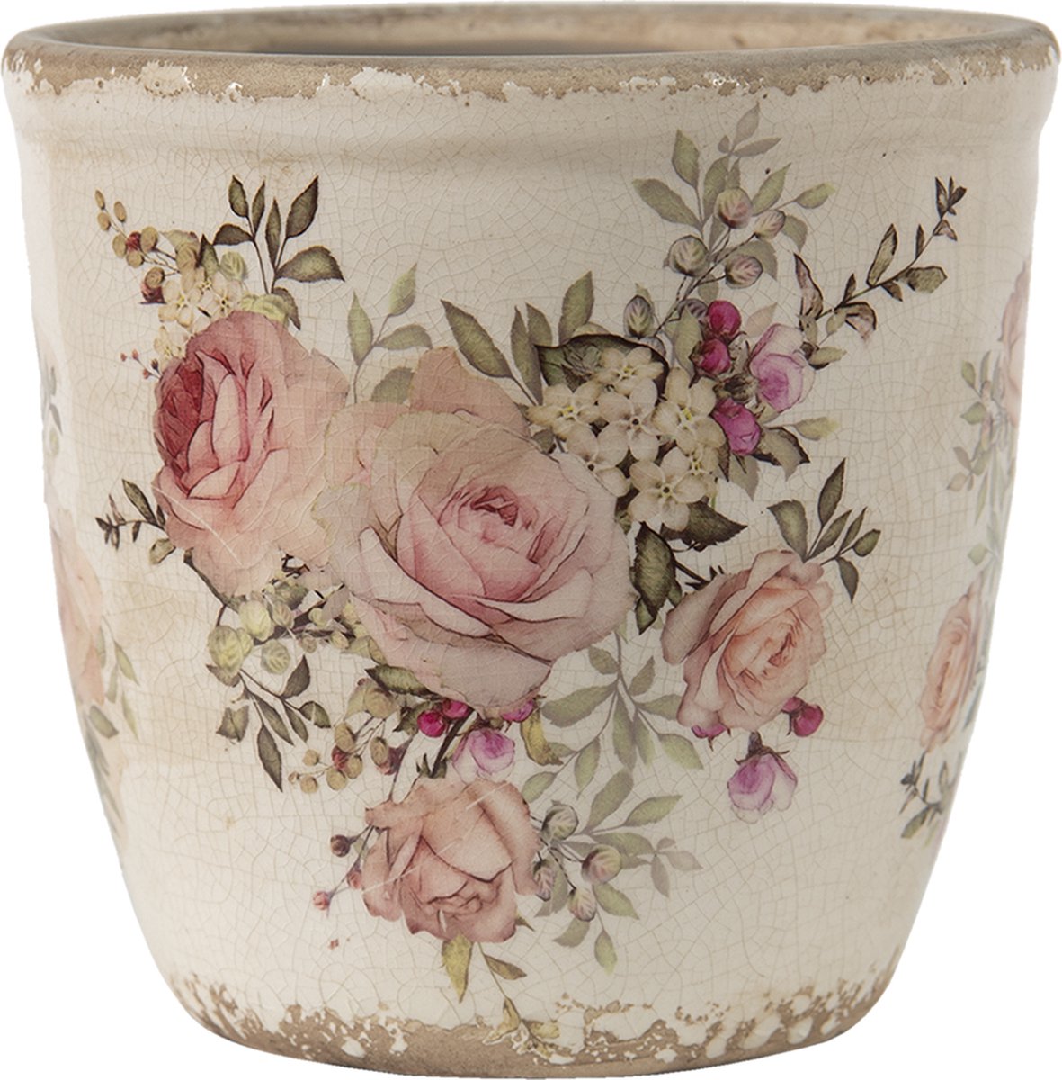  Clayre &amp; Eef Bloempot Ø 11x10 Cm Roze Beige Keramiek Rond Bloemen Bloempot Binnen Plantenpot Plant Pot