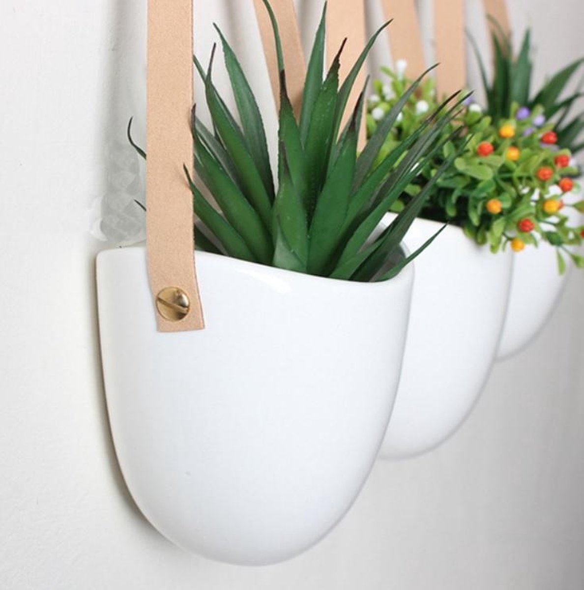 Merkloos Plantenhanger Keramiek – Set Van 3 – Steen- Hangpot – Hangende Bloempot Plantenpot Met 3 Verschillende Koorden – 12 X 11 X 9.5 Cm
