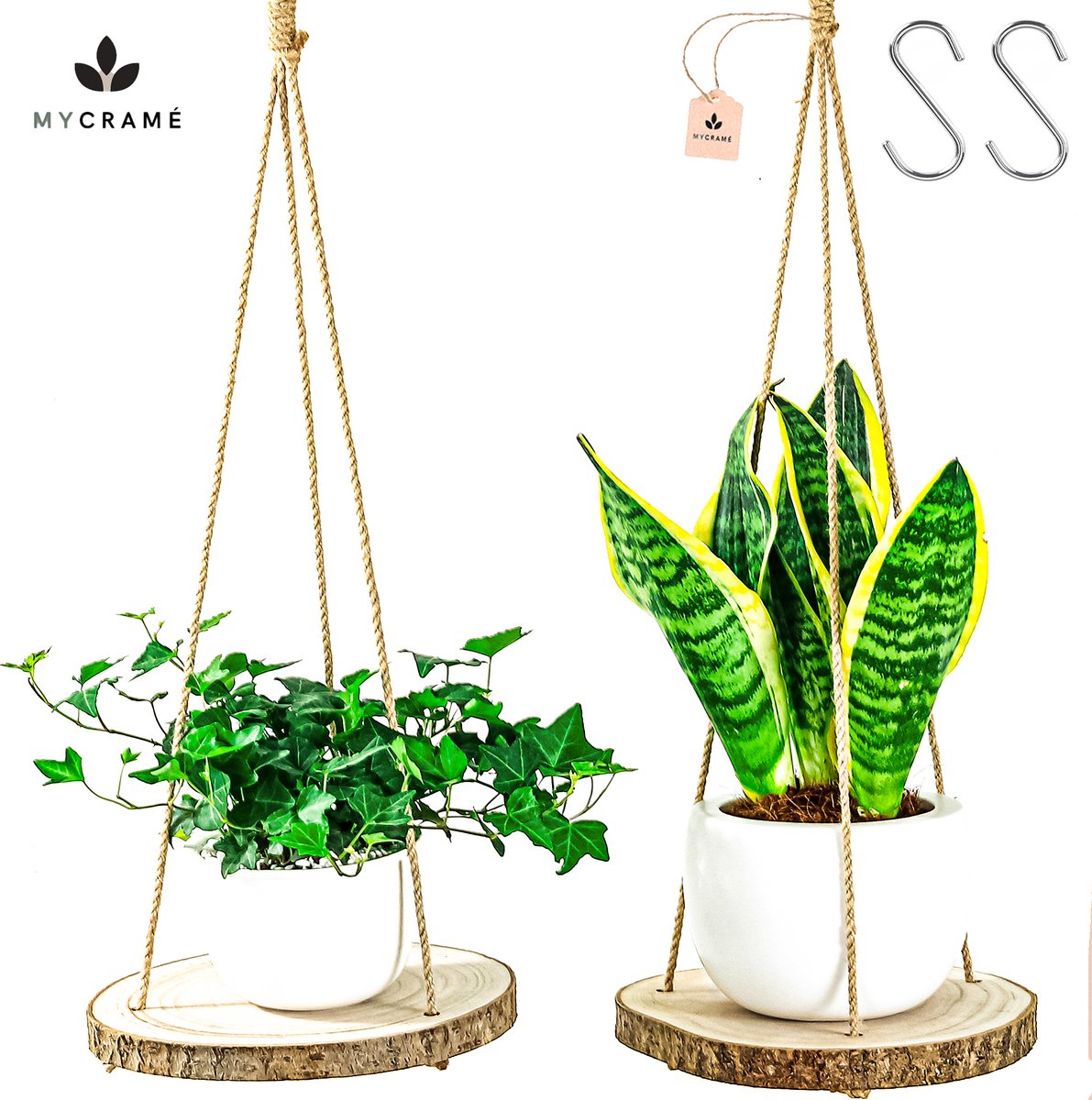  Set Van 2 Boomstam Rond Wandrek Plantenhangers - Boho Jute Houten Plantenrek - Hangpot Voor Binnen/Buiten - Hangende Bloempot Plank - Hangplant Houder - Bohemian Macrame Stijl Wandhanger - Hangplank Plant Hanger - Planthanger - Ø Rond 25-20cm