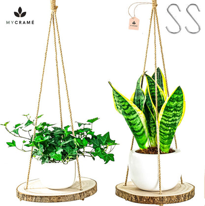  Set Van 2 Boomstam Rond Wandrek Plantenhangers - Boho Jute Houten Plantenrek - Hangpot Voor Binnen/Buiten - Hangende Bloempot Plank - Hangplant Houder - Bohemian Macrame Stijl Wandhanger - Hangplank Plant Hanger - Planthanger - Ø Rond 25-20cm