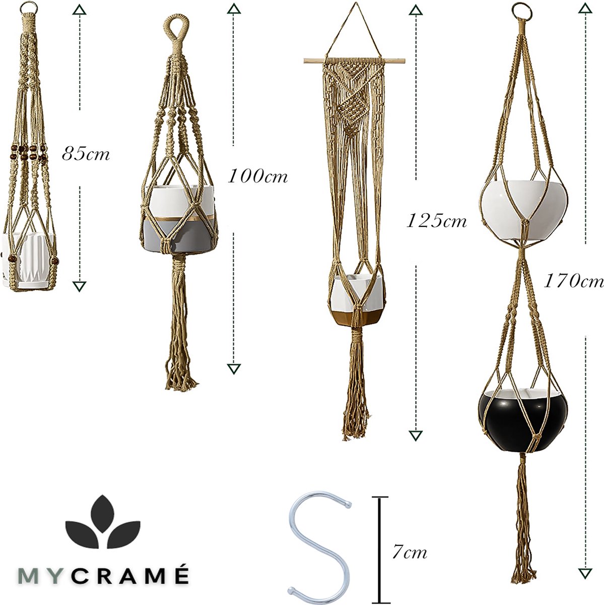  4 Stuks Luxe Jute Plantenhangers - Boho Handgeweven Katoen Hangpot Voor Binnen/Buiten - Hangende Bloempot Met Kralen - Macramé Touw/Koord Hangplant Houder - Bohemian Wandhanger Decoratie - Plant Hanger - Verticale Tuin Bloempothouder Planthanger
