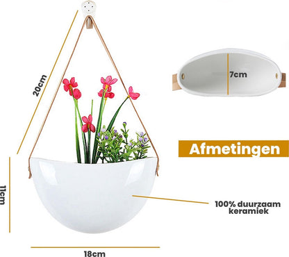  Plantenhanger Keramiek – Set Van 3 – Wit Steen- Hangpot – Hangende Bloempot Plantenpot - 3 Verschillende Koorden - 18 X 11 X 7 Cm
