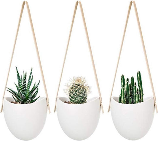 Merkloos Plantenhanger Keramiek – Set Van 3 – Steen- Hangpot – Hangende Bloempot Plantenpot Met 3 Verschillende Koorden – 12 X 11 X 9.5 Cm