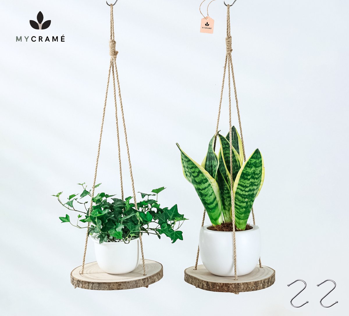  Set Van 2 Boomstam Rond Wandrek Plantenhangers - Boho Jute Houten Plantenrek - Hangpot Voor Binnen/Buiten - Hangende Bloempot Plank - Hangplant Houder - Bohemian Macrame Stijl Wandhanger - Hangplank Plant Hanger - Planthanger - Ø Rond 25-20cm