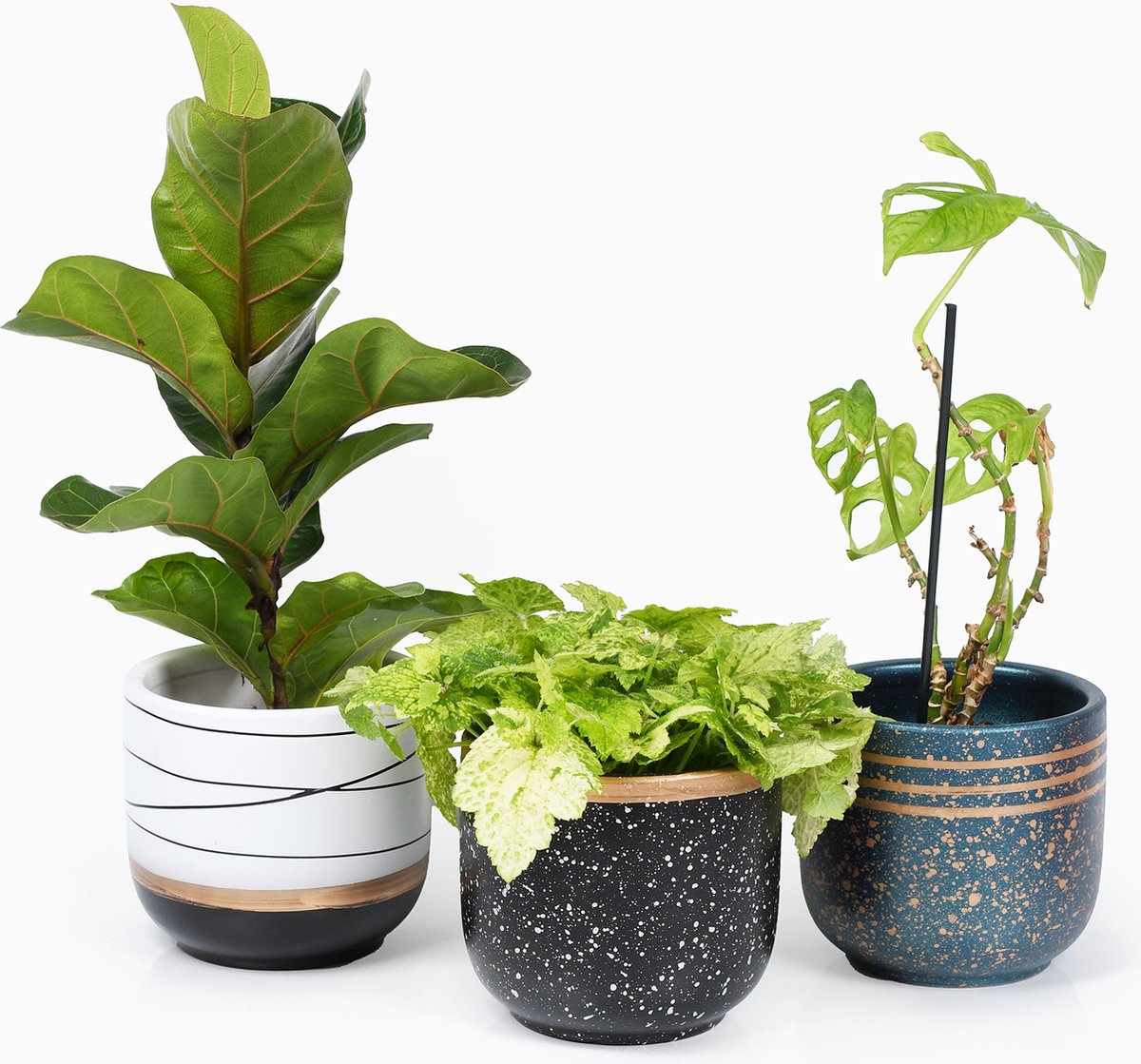  Bloempotten Binnen - Keramiek - Gouden Rand - Bloempot Buiten - Afvoergat 24 - Small Set Van 3 - 15 Cm