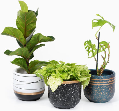  Bloempotten Binnen - Keramiek - Gouden Rand - Bloempot Buiten - Afvoergat 24 - Small Set Van 3 - 15 Cm
