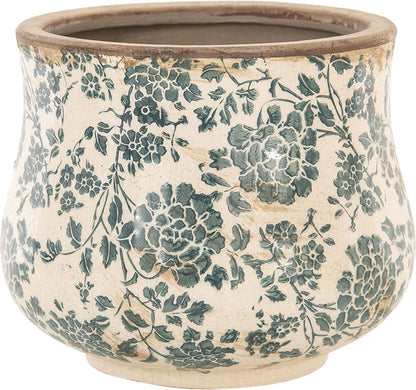  Clayre &amp; Eef Bloempot Ø 21x17 Cm Beige Groen Keramiek Rond Bloemen Bloempot Binnen Plantenpot Plant Pot