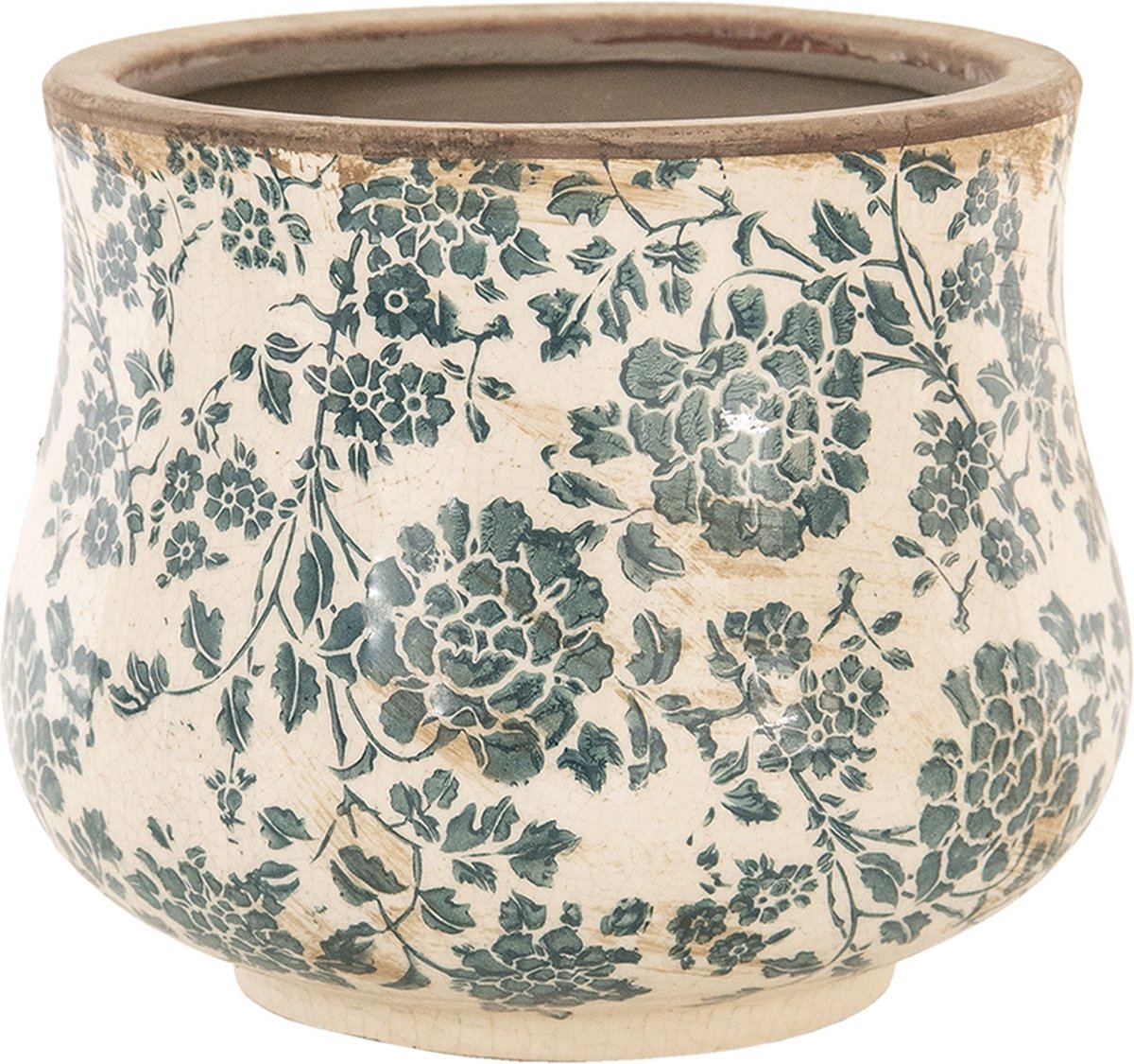  Clayre &amp; Eef Bloempot Ø 15x13 Cm Beige Groen Keramiek Rond Bloemen Bloempot Binnen Plantenpot Plant Pot
